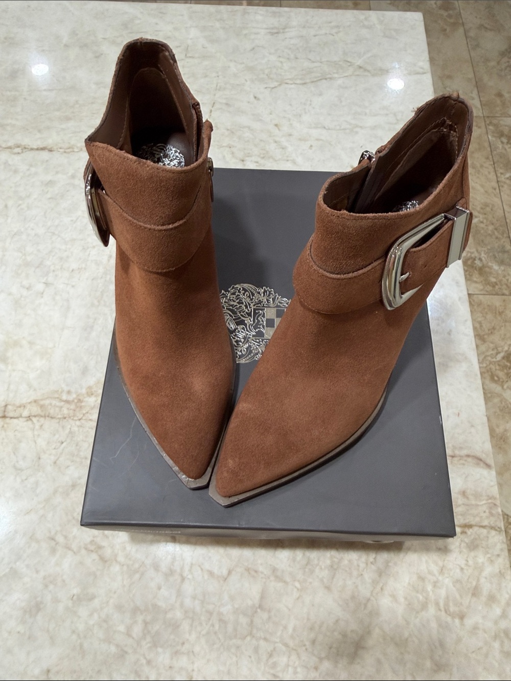 Vince Camuto Rust Suede Pointed Ankle Boots with Buckle